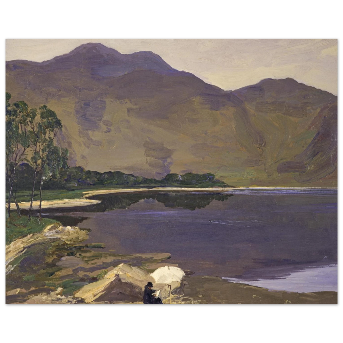 Loch Katrine by Sir John Lavery, purple hills above the loch and a figure with a white parasol