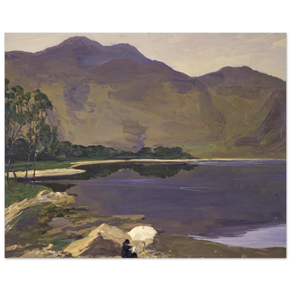 Loch Katrine by Sir John Lavery, purple hills above the loch and a figure with a white parasol