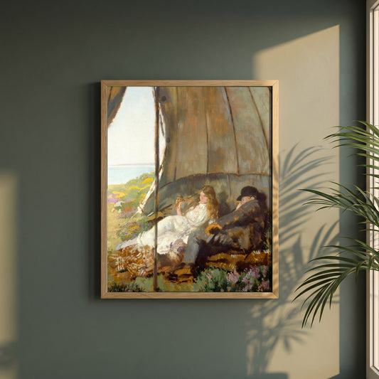 Looking at the Sea framed print in a natural oak frame on a dark green wall beside a window, dappled plant shadow