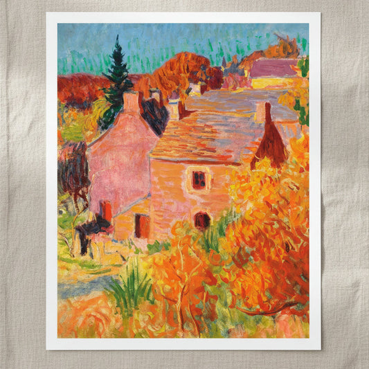 Maisons Rouges à Pont-Aven by Roderic O'Conor unframed print on textured paper against linen