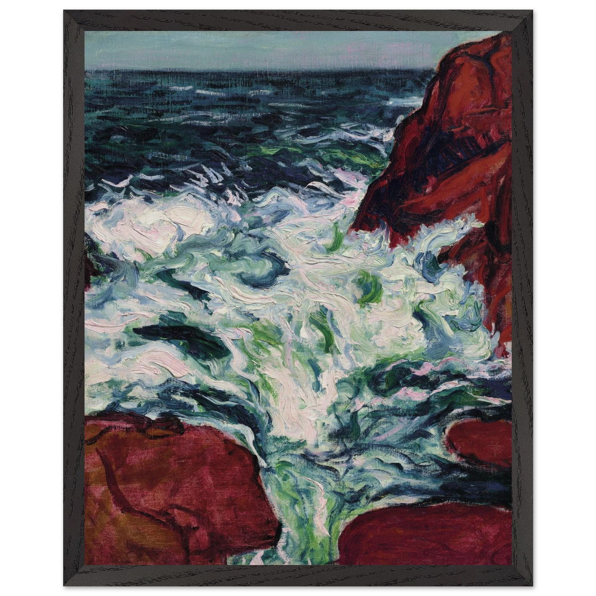 Marée Montante by Roderic O'Conor, painting of a rising tide breaking on red rocks, print in a dark frame