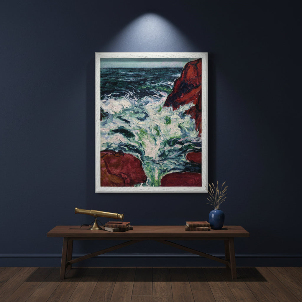 Marée Montante by Roderic O'Conor framed print in a white frame on a navy wall above a wooden bench