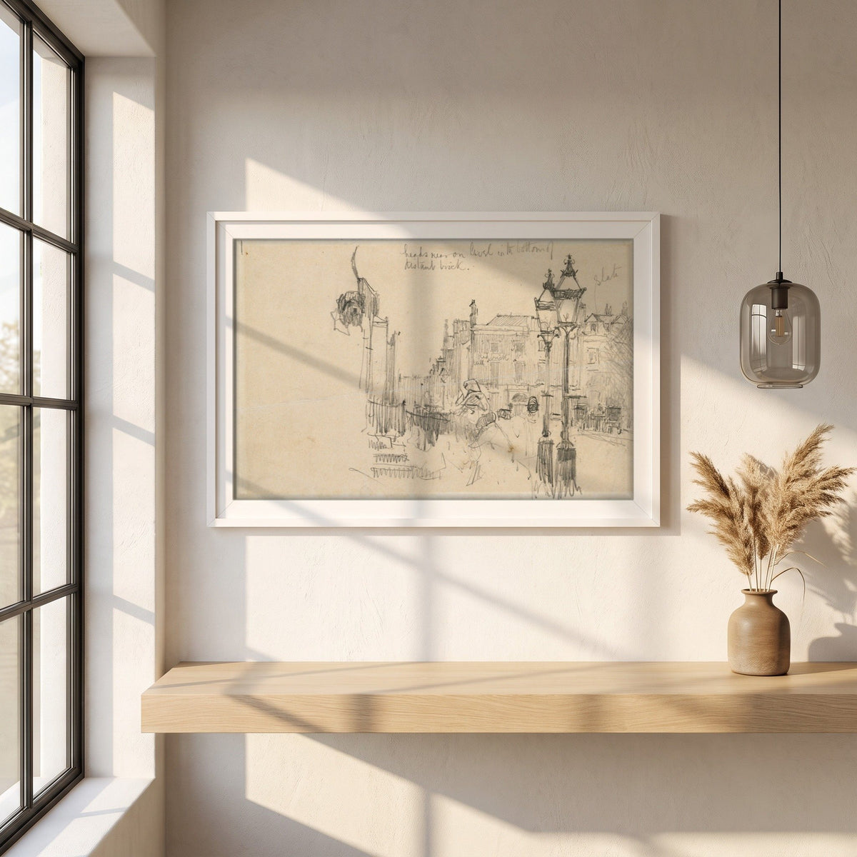 Merrion Row, Dublin, and Tracton House framed print in a white frame on a plaster wall above an oak worktop in a bright Scandinavian kitchen