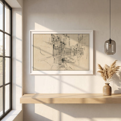 Merrion Row, Dublin, near the Shelbourne Hotel framed print in a white frame on a plaster wall above an oak worktop in a bright Scandinavian kitchen