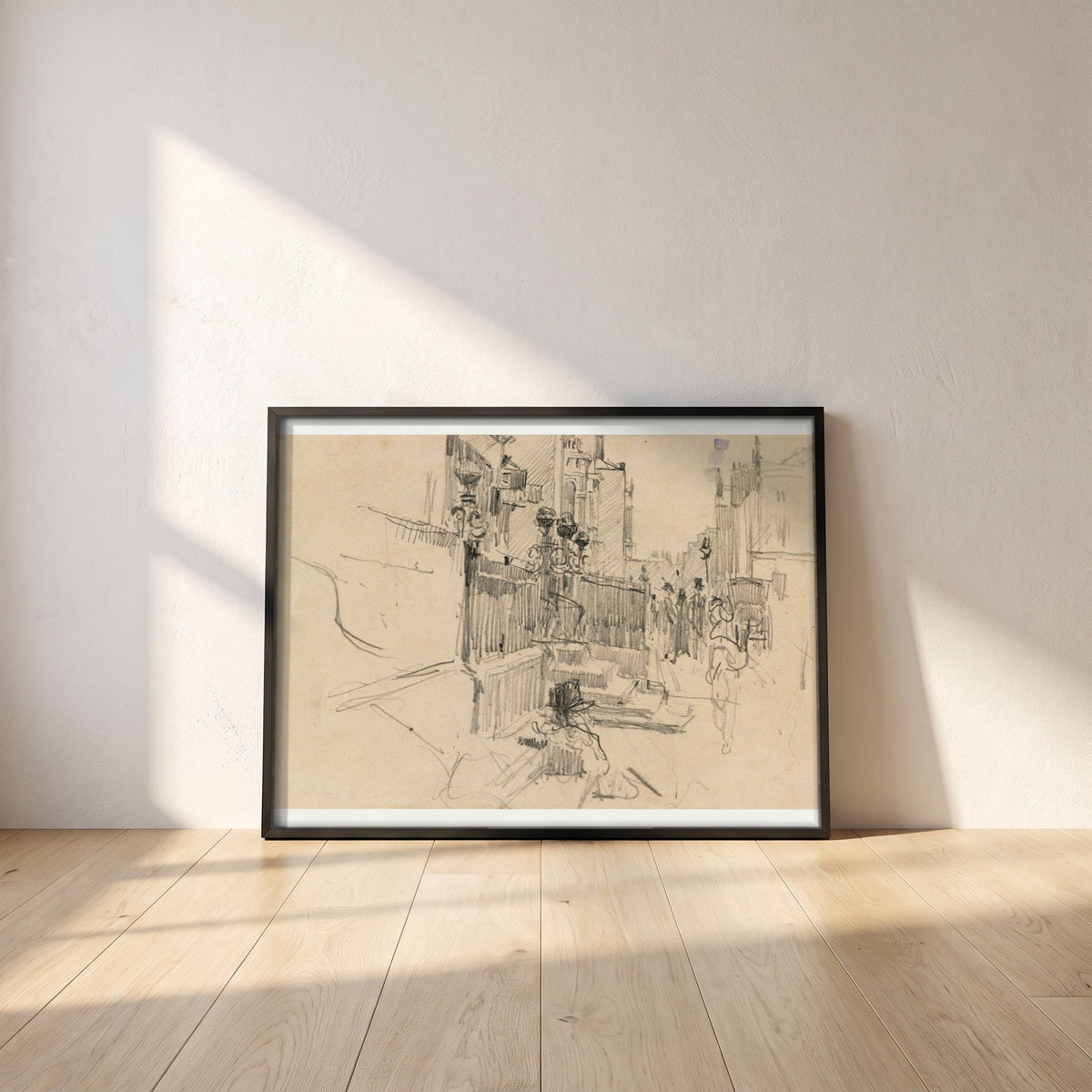 Merrion Row, Dublin, near the Shelbourne Hotel framed print in a black frame leaning against a white plaster wall on oak floorboards in morning light