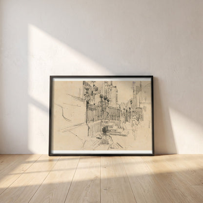 Merrion Row, Dublin, near the Shelbourne Hotel framed print in a black frame leaning against a white plaster wall on oak floorboards in morning light