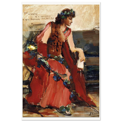 Mrs Langtry as a Bacchante by John Lavery, Lillie Langtry in a red gown with a vine wreath