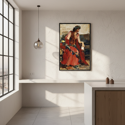 Mrs Langtry as a Bacchante framed print in a black frame above a kitchen counter by tall windows