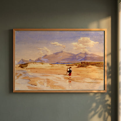 Muiríoch Beach, Corca Dhuibhne framed print in a natural oak frame on a dark green wall beside a window, dappled plant shadow