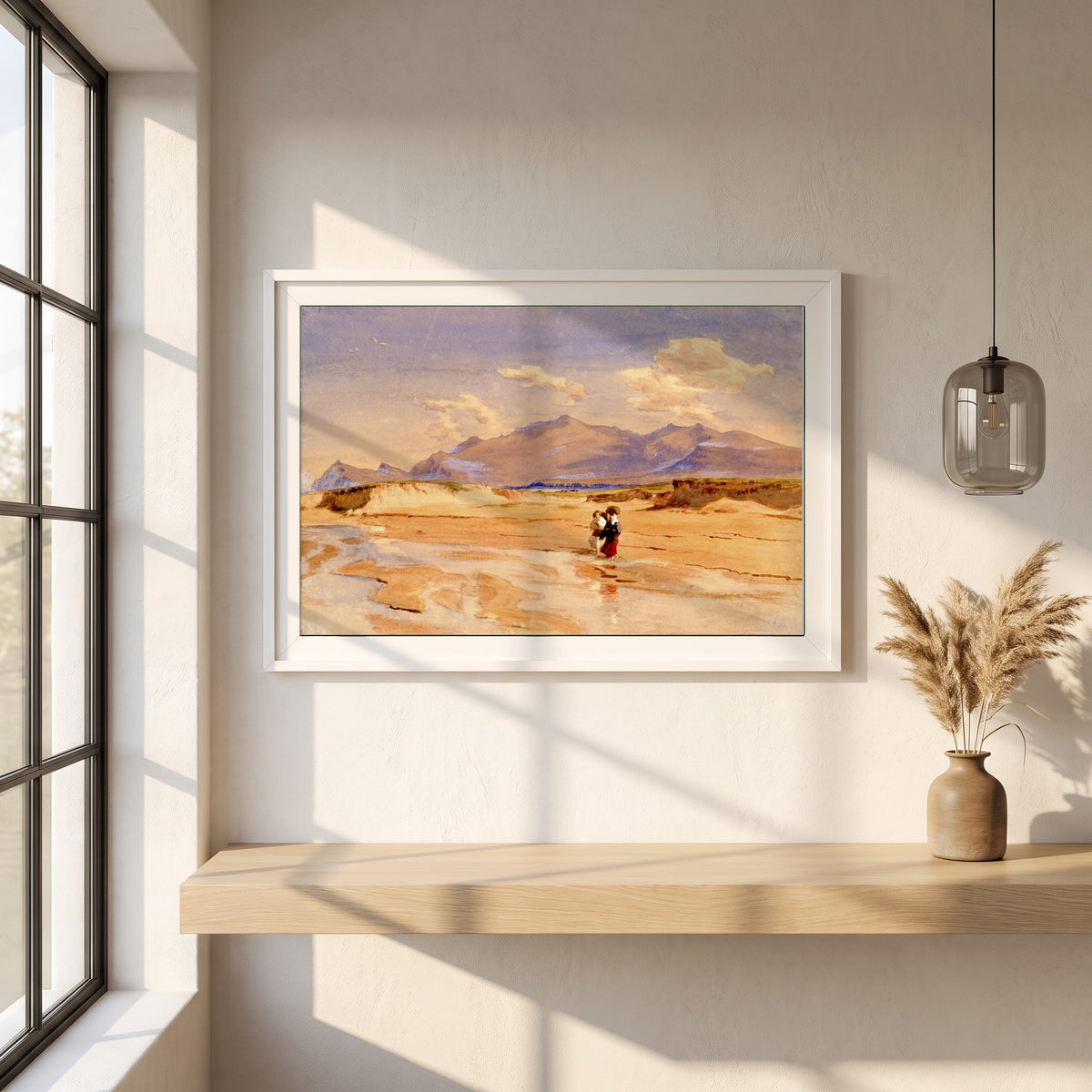 Muiríoch Beach, Corca Dhuibhne framed print in a white frame on a plaster wall above an oak worktop in a bright Scandinavian kitchen