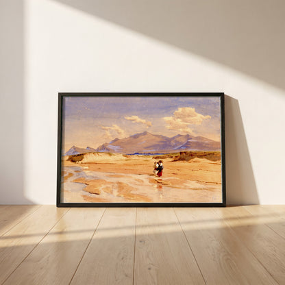 Muiríoch Beach, Corca Dhuibhne framed print in a black frame leaning against a white plaster wall on oak floorboards in morning light