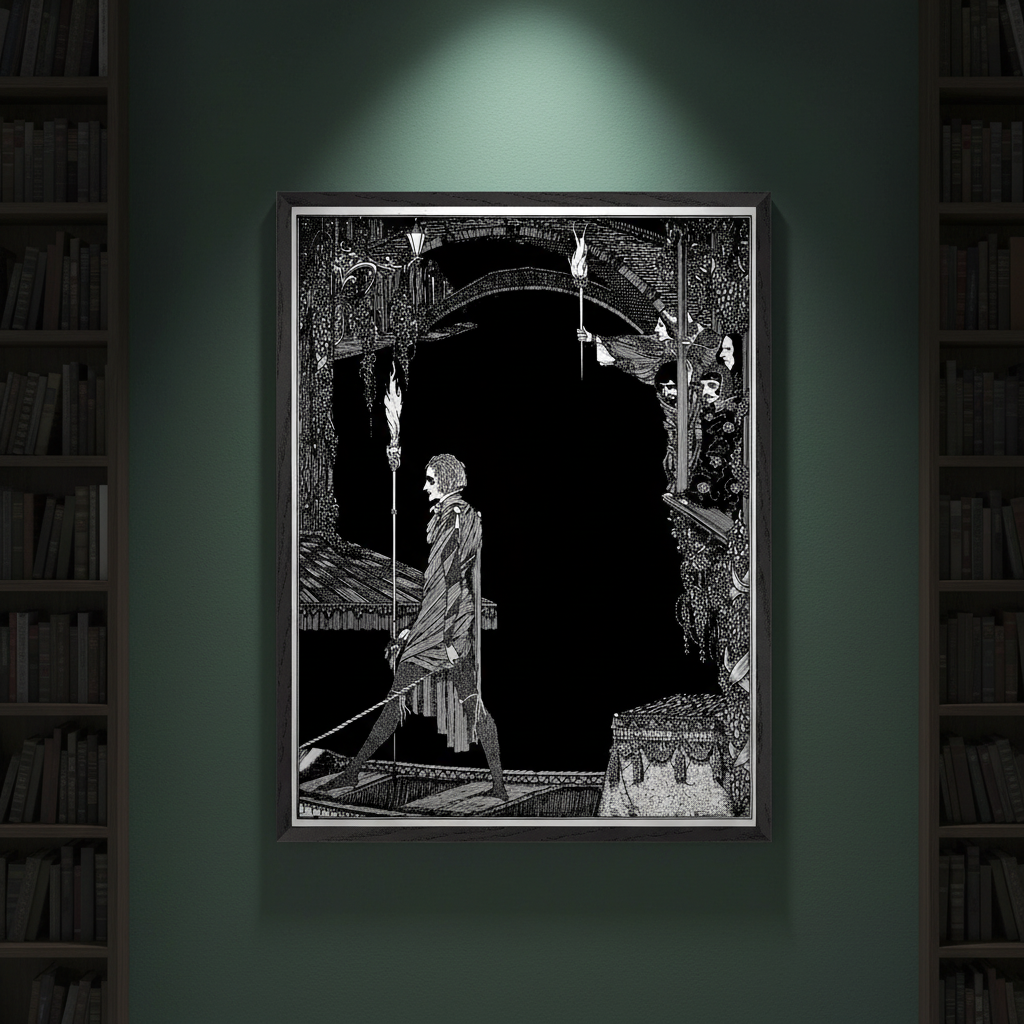 Myself No Power by Harry Clarke framed print lit by a spotlight on a dark green library wall