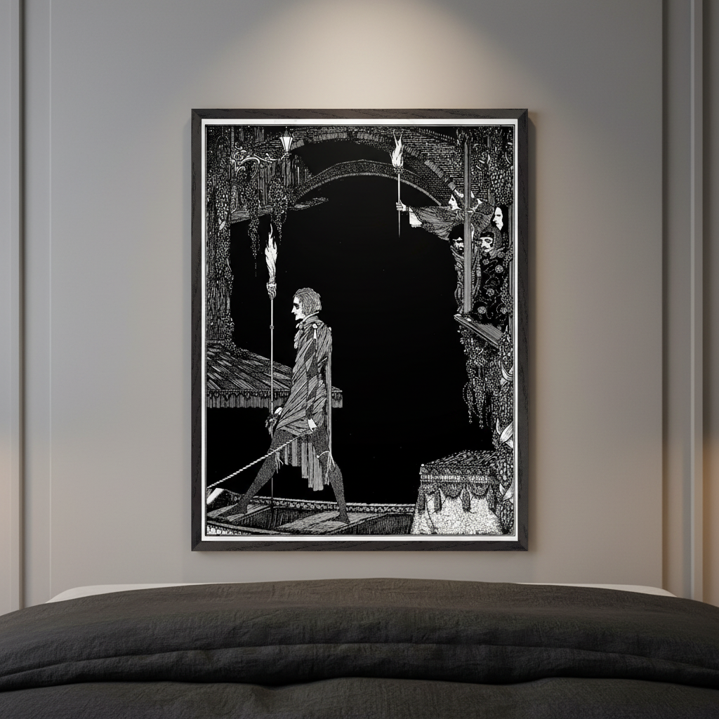 Myself No Power by Harry Clarke framed print on a grey wall above a bed
