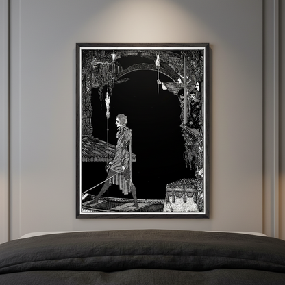 Myself No Power by Harry Clarke framed print on a grey wall above a bed