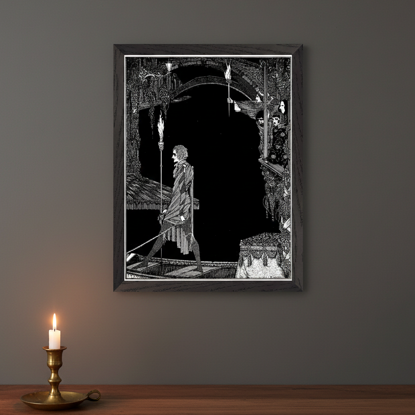 Myself No Power by Harry Clarke framed print on a grey wall above a lit candle