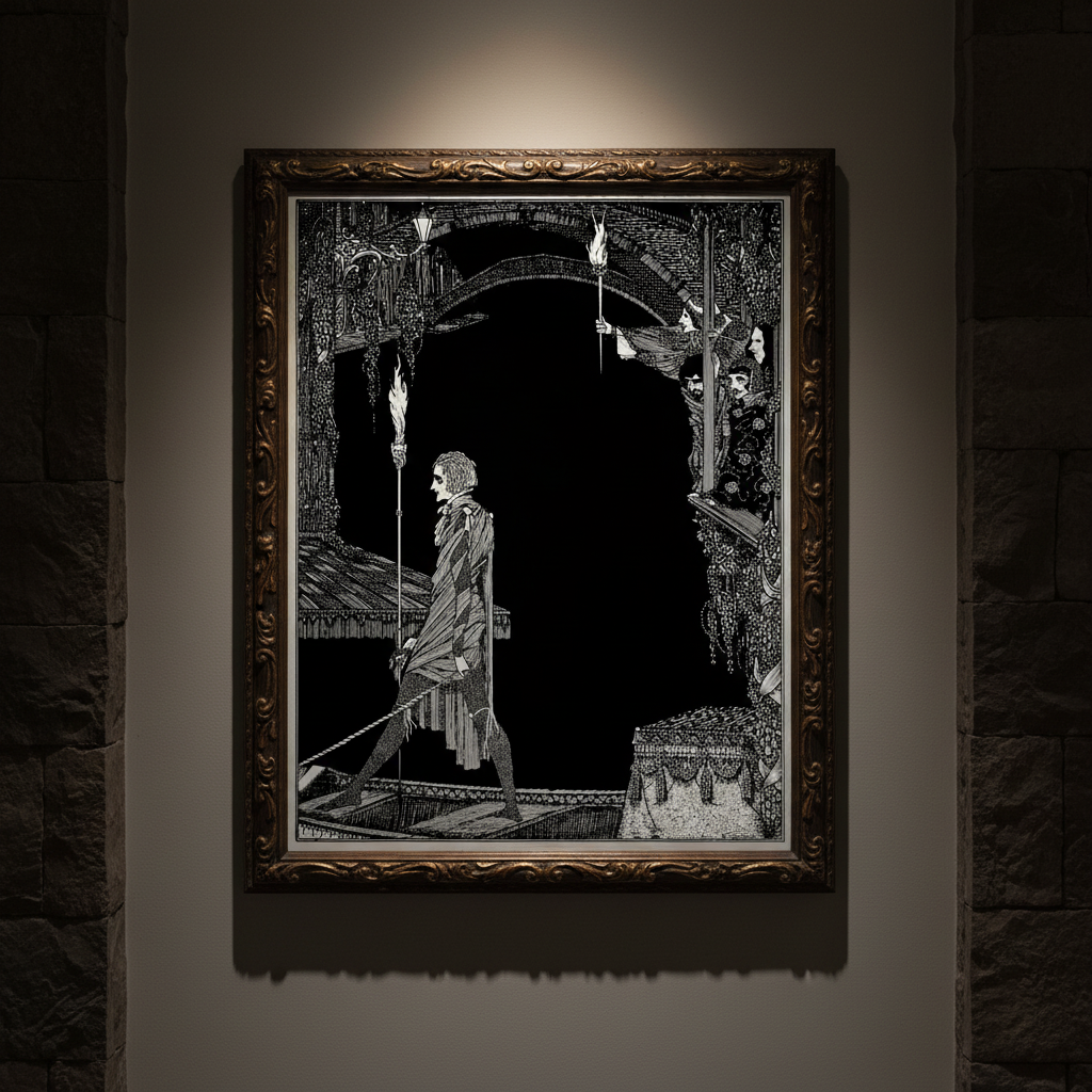 Myself No Power by Harry Clarke in an ornate gilt frame on a dark stone wall