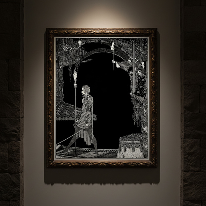 Myself No Power by Harry Clarke in an ornate gilt frame on a dark stone wall