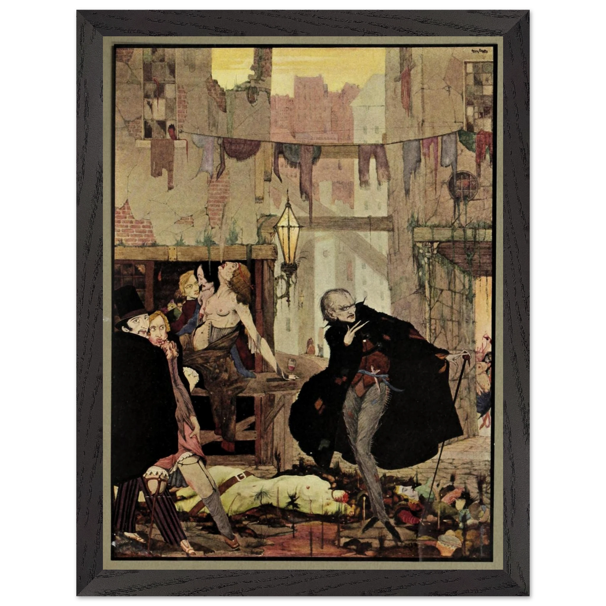 Noisome Quarter by Harry Clarke (1923) in a black frame, cloaked figure in a crowded street