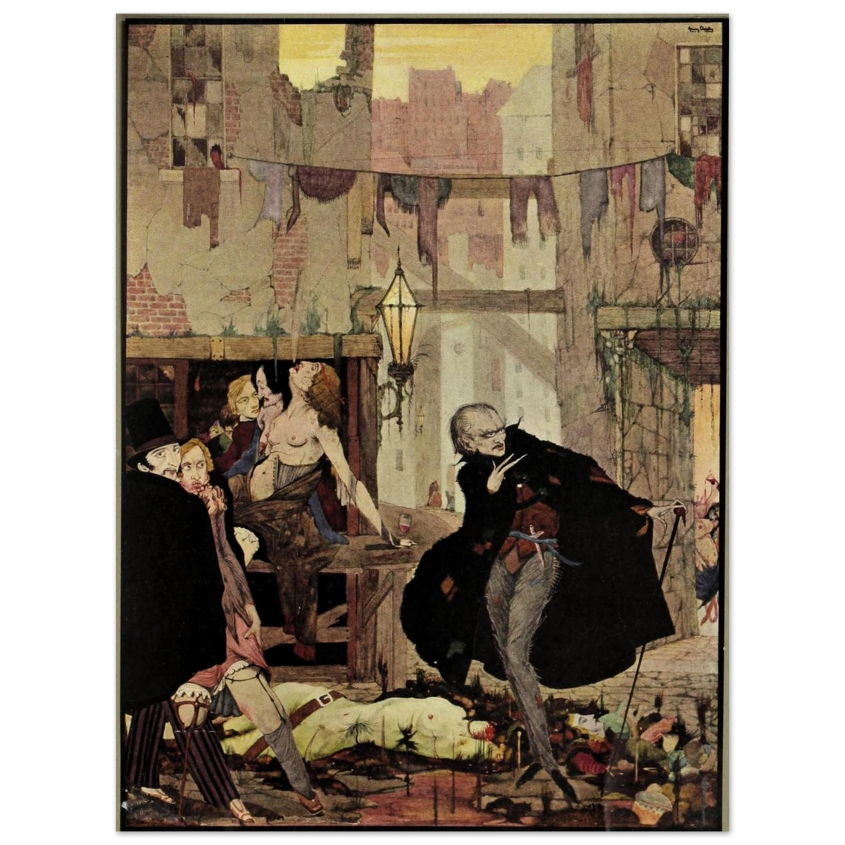 Noisome Quarter by Harry Clarke (1923) in a slim grey frame, sepia gothic illustration