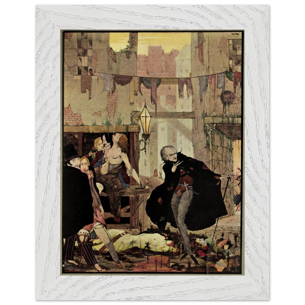 Noisome Quarter by Harry Clarke (1923) in a wide white frame, sepia gothic illustration
