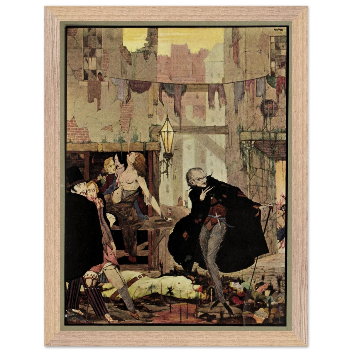 Noisome Quarter by Harry Clarke (1923) in an oak frame, illustration for Poe's Tales of Mystery