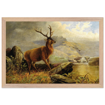 Oak-framed Henry Morris 1883 stag painting with mountain stream and rocks