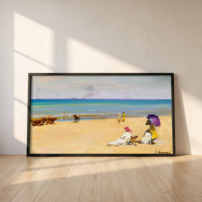 On The Sands framed print in a black frame leaning against a white plaster wall on oak floorboards in morning light