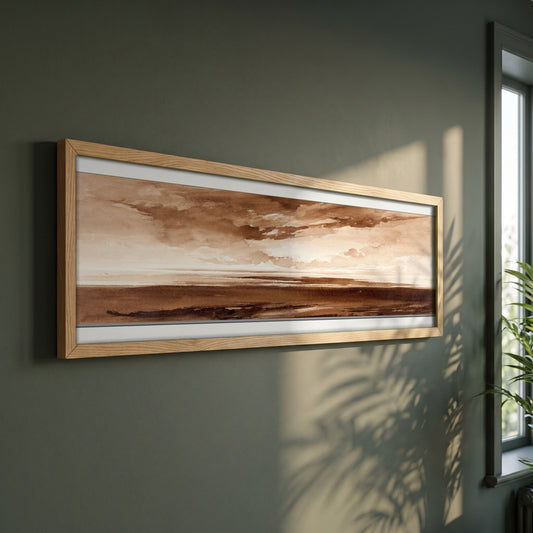 Panorama of the Coast at Sunset framed print in a natural oak frame on a dark green wall beside a window, dappled plant shadow