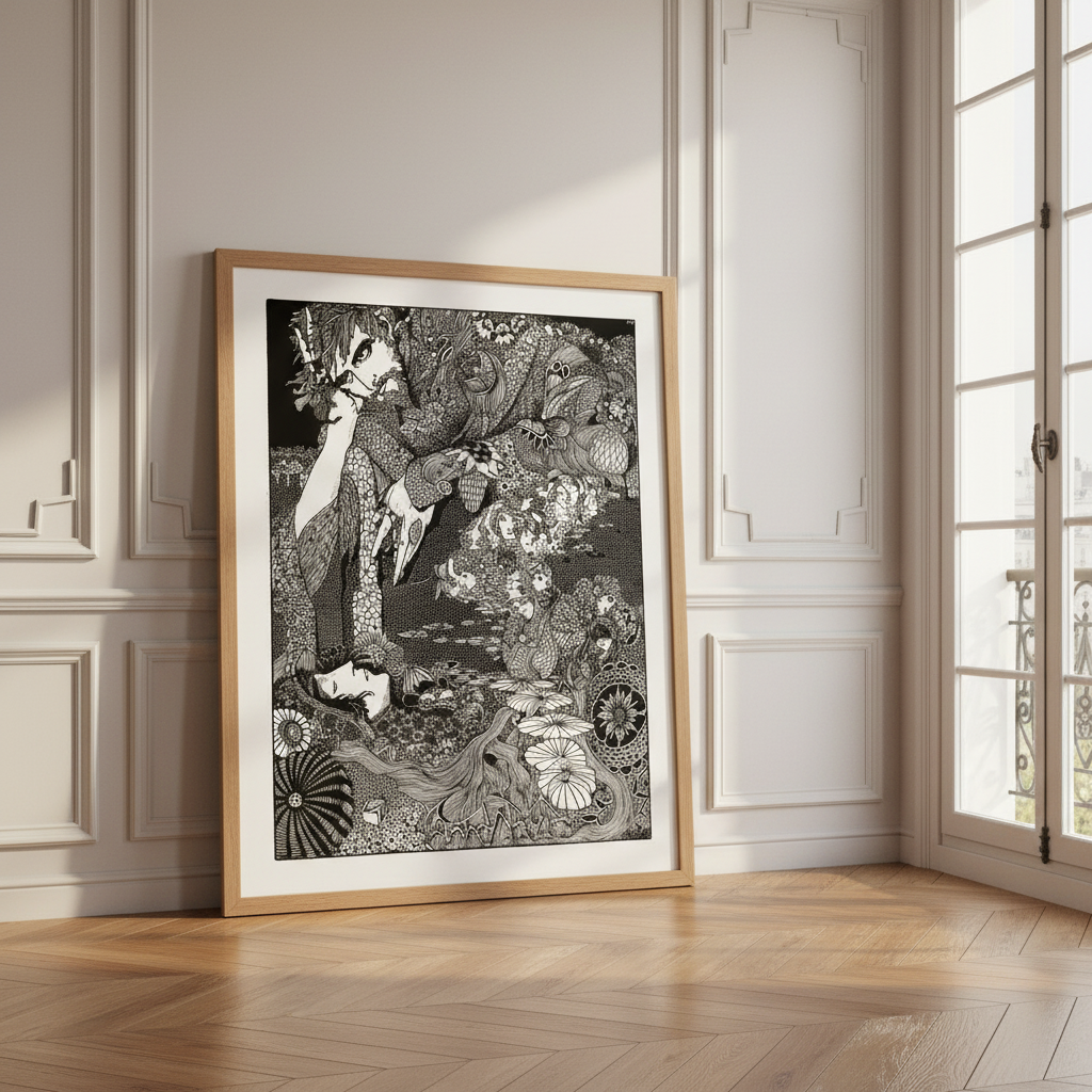The Earth Grew Dark by Harry Clarke in an oak frame leaning against a panelled wall by tall windows