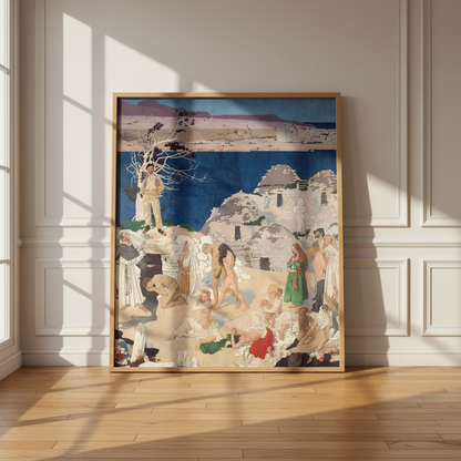 The Holy Well by William Orpen in an oak frame leaning against a panelled wall on a wooden floor