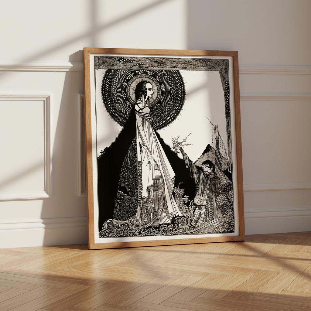 I Would Call Aloud by Harry Clarke in an oak frame leaning against a panelled wall on a herringbone floor
