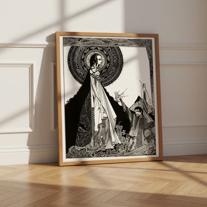 I Would Call Aloud by Harry Clarke in an oak frame leaning against a panelled wall on a herringbone floor