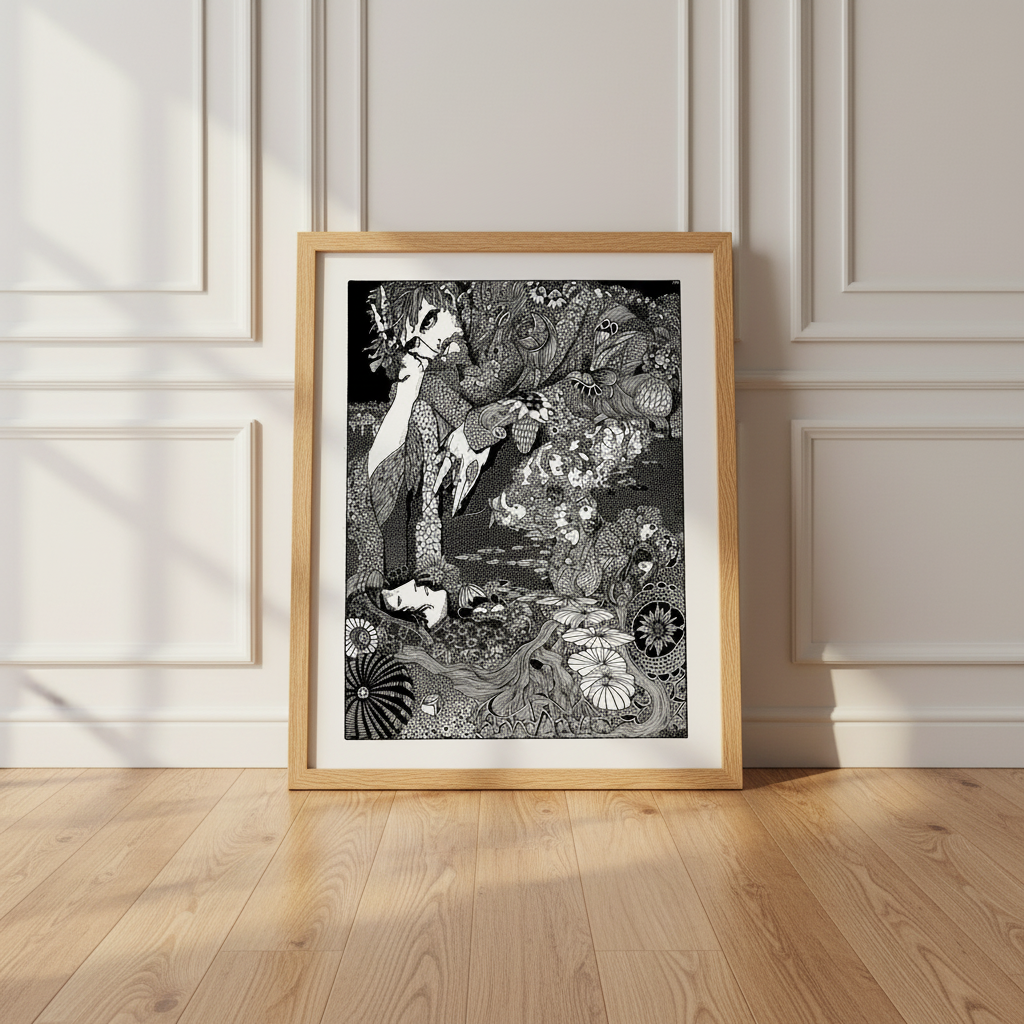 Harry Clarke The Earth Grew Dark print in an oak frame leaning on a wooden floor against white panelling