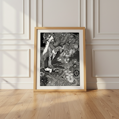 Harry Clarke The Earth Grew Dark print in an oak frame leaning on a wooden floor against white panelling