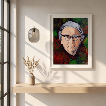 Patrick Kavanagh framed print in a white frame on a plaster wall above an oak worktop in a bright Scandinavian kitchen