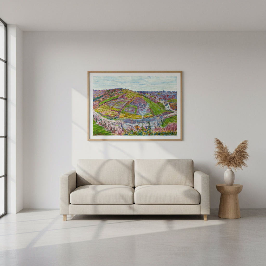 Roderic O'Conor Pont Aven landscape in a light wood frame above a cream sofa in a minimalist room