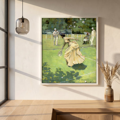 Sir John Lavery framed print in a white frame on a plaster wall above an oak worktop in a bright Scandinavian kitchen