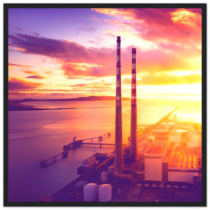 Poolbeg Towers aerial photo print in a black frame, straight-on view