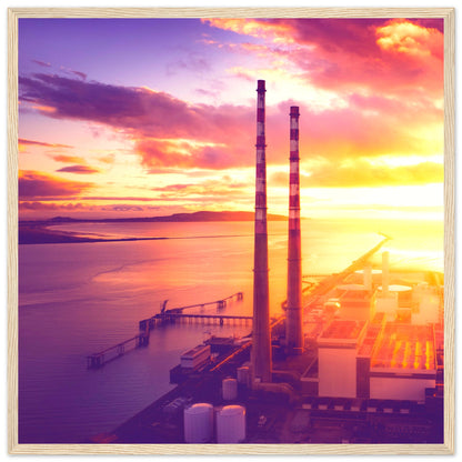 Poolbeg Towers aerial photo print in a pale ash wood frame