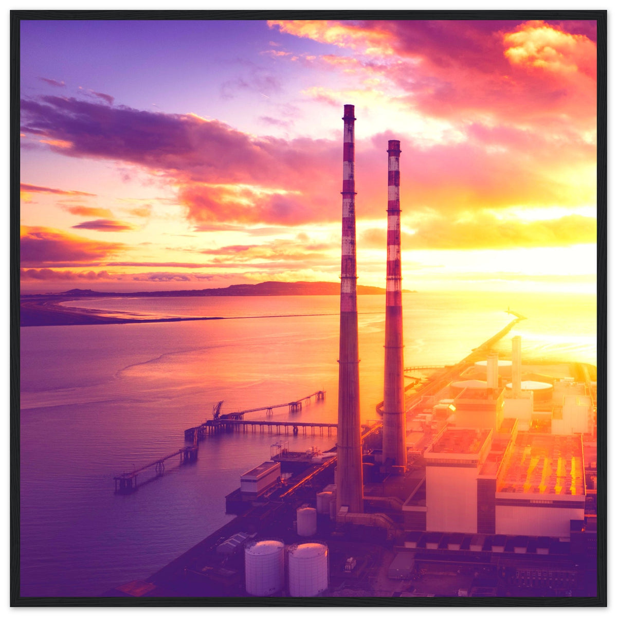 Poolbeg Towers aerial photo print in a slim black frame