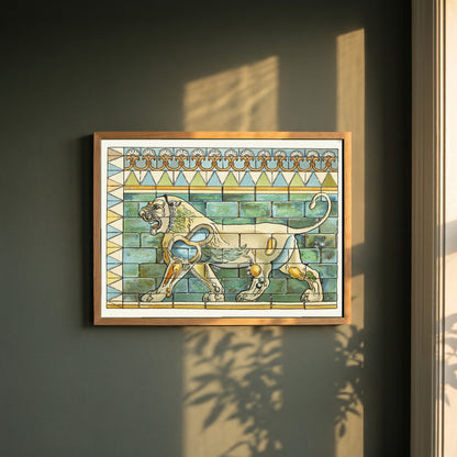 Lions Frieze, Palace of Susa framed print in a natural oak frame on a dark green wall beside a window, dappled plant shadow