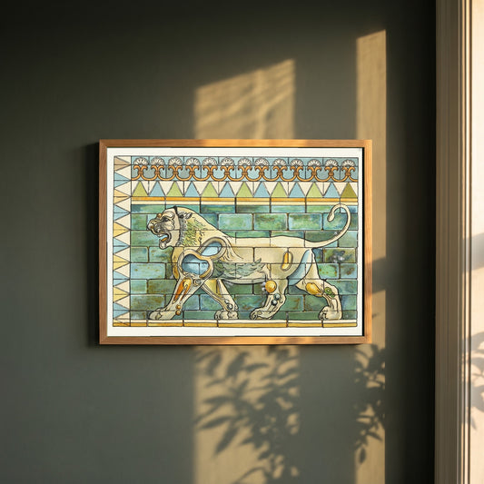 Lions Frieze, Palace of Susa framed print in a natural oak frame on a dark green wall beside a window, dappled plant shadow