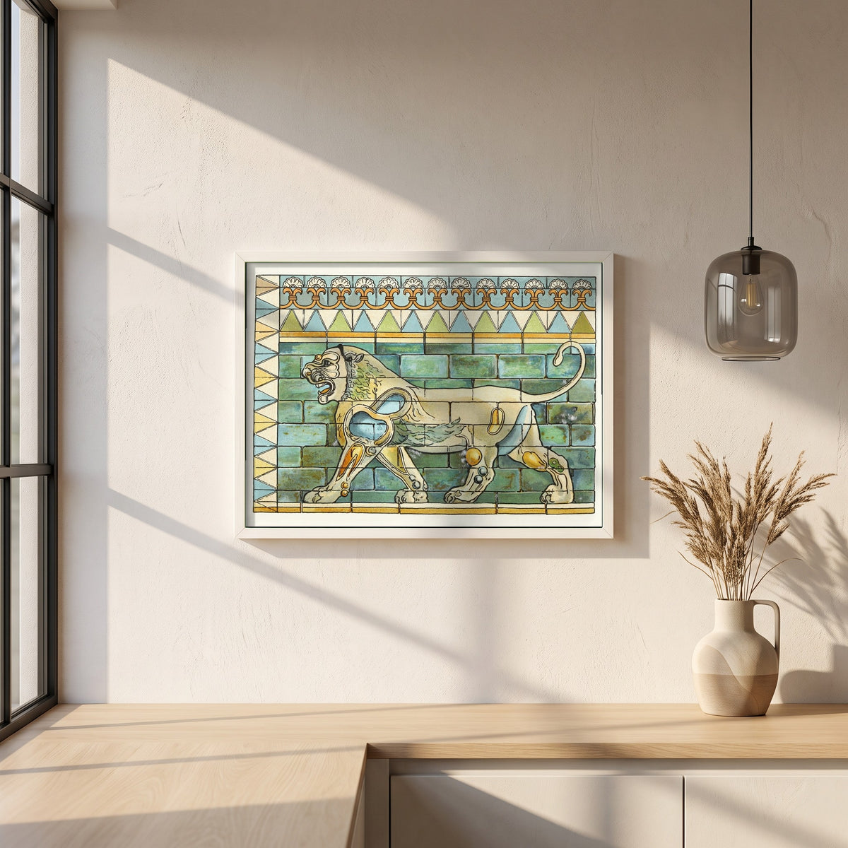 Lions Frieze, Palace of Susa framed print in a white frame on a plaster wall above an oak worktop in a bright Scandinavian kitchen