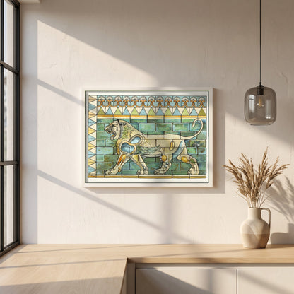 Lions Frieze, Palace of Susa framed print in a white frame on a plaster wall above an oak worktop in a bright Scandinavian kitchen