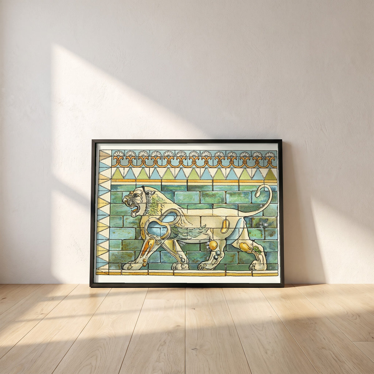 Lions Frieze, Palace of Susa framed print in a black frame leaning against a white plaster wall on oak floorboards in morning light