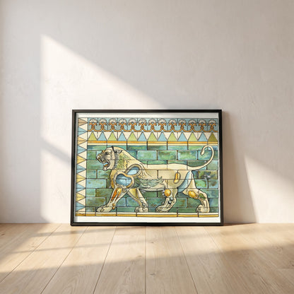 Lions Frieze, Palace of Susa framed print in a black frame leaning against a white plaster wall on oak floorboards in morning light