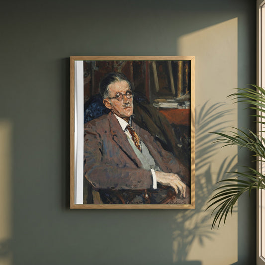 Portrait of James Joyce framed print in a natural oak frame on a dark green wall beside a window, dappled plant shadow