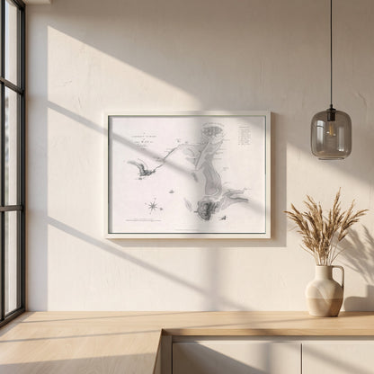 A Correct Survey of the Bay of Dublin, 1795 framed print in a white frame on a plaster wall above an oak worktop in a bright Scandinavian kitchen