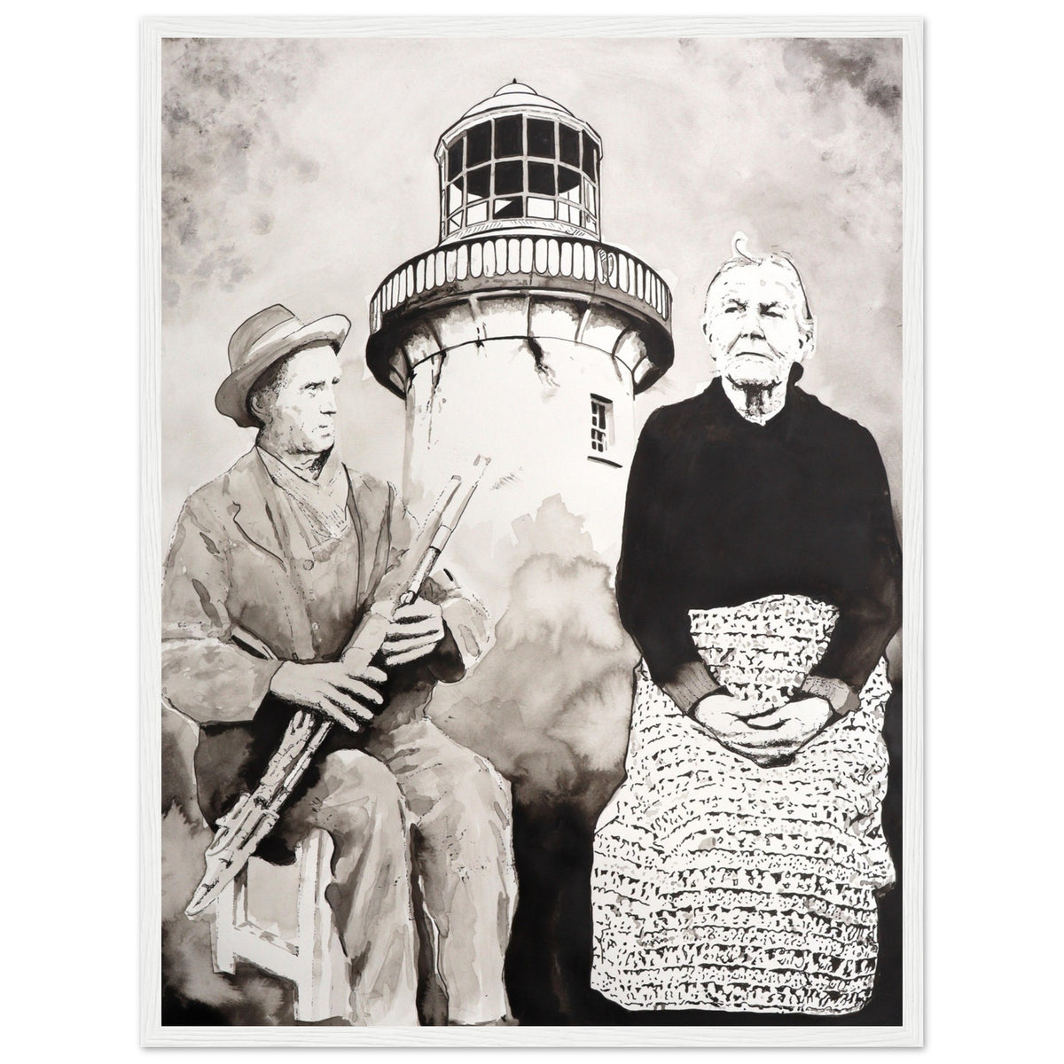 Róise Rua and uilleann piper Aranmore print with a thin white edge, woman in a lettered skirt