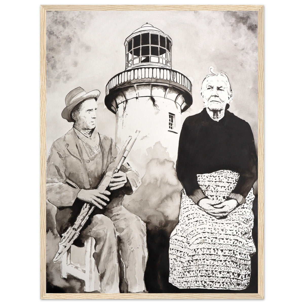 Róise Rua and uilleann piper seated beneath Aranmore Lighthouse, print in a light oak frame